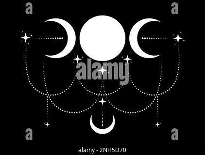 Dreifachmond religiöses Wicca-Zeichen. Wicca-Logo Neopaganismus-Symbol, keltischer Bo-Stil, Göttin-Ikone-Tattoo, Göttin des Mondes, Halbmond, Stock Vektor