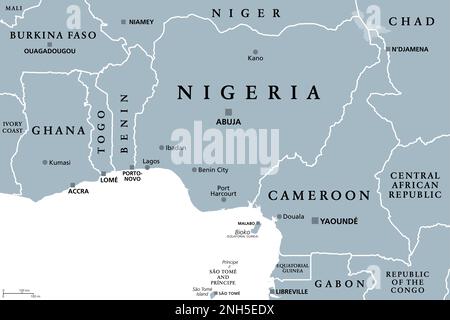 Nigeria und westafrikanische Länder am Golf von Guinea, politische Karte. Ghana, Togo, Benin, Nigeria, Kamerun, Äquatorialguinea, Sao Tomé Und Principe. Stockfoto