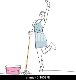 Fortlaufende Zeichnung einer Hausfrau mit Gummihandschuhen an den Händen, die im Wohnzimmer sitzt und ein Ablageboden staubt. Text und Markenlogo lassen sich einfach platzieren. Vektordarstellung Stock Vektor