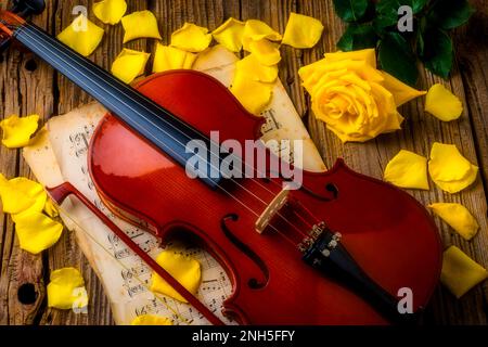 Geige Und Gelbe Rosen Stockfoto