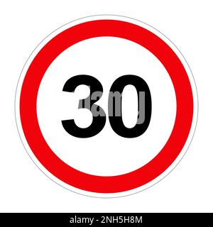 Straßenschild HÖCHSTGESCHWINDIGKEIT 30 auf weißem Hintergrund, Illustration Stockfoto