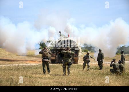 Oberstleutnant der US-Armee Tyler Donnell, Senior Fires Support Trainer mit dem Vampire Team, Joint Multinal Readiness Center, zieht eine Trageschlaufe, um Munitionswaffen von einer Panzer 2000-Haubitze abzufeuern, die von deutschen Soldaten beobachtet wurde, die Artilleriebataillon 131 während der Übung Dynamic Front 22 (DF22) auf dem Trainingsgelände in Grafenwoehr, Deutschland, zugewiesen wurden. 18. Juli 2022. DF22, geleitet von 56. Artillery Command und US Army Europe and Africa, ist die führende US-geführte NATO Allied and Partner Integrated Fires Übung im Europäischen Theater mit Schwerpunkt auf Feuer Interoperabilität und Erhöhung der Bereitschaft, Letalität und ich Stockfoto