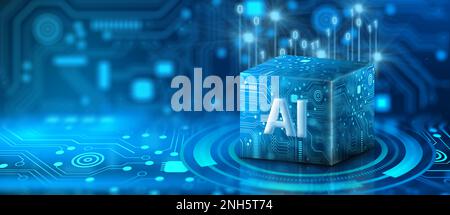 KI-Prozessor-Chip der Cube-Technologie. Big-Data-Speicher, Cloud-Computing, maschinelles Lernen, Ai-Blockchain-Technologie. Lernfähigkeit. Stockfoto