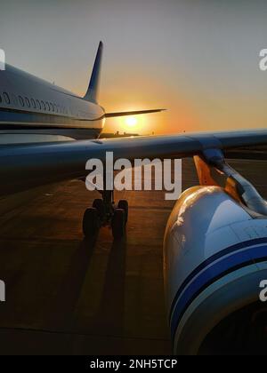 Vertikales Bild, Silhouette eines Passagierflugzeugs, das vor dem malerischen orangefarbenen Sonnenuntergang auf der Flughafenschürze landet Stockfoto