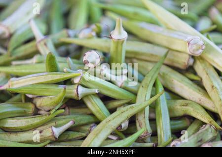 Nahaufnahme eines Stapels von Okras zum Verkauf an einem Marktstand. Stockfoto