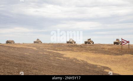 Soldaten der Arizona Army National Guard, die der Delta Company, dem 1. Bataillon, dem 158. Infanterie-Regiment, dem 29. Infanterie-Brigade-Kampfteam zugeteilt sind, verwenden das M240L-Maschinengewehr, um Feuerunterstützung für eine simulierte Live-Fire-Mission während des Exportable Combat Training Capability (XCTC)-Programms in Camp Roberts, Kalifornien, 18. Juli 2022, bereitzustellen. XCTC hat Fahrspur, situationsbezogene Übungen und professionell geleitete, leistungsorientierte Berichte nach der Aktion durchgeführt, um alle Schulungen zu überprüfen. Stockfoto