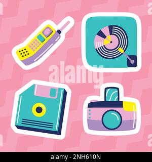 Vier Retro- und nostalgische Set-Ikonen Stock Vektor