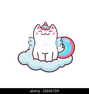 Cartoon niedliche Kawaii-Caticorn-Figur auf der Wolke. Weiße Einhorn-Vektorkatze mit lächelndem Gesicht sitzt auf einer flauschigen Wolke. Magische Kätzchen-Figur mit Farbe Stock Vektor