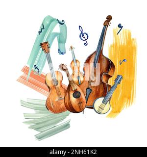 Gitarre, Geige, Kontrabass und Malstrich Aquarell-Illustration isoliert. Ein Satz handgezogener Saiteninstrumente. Designelement für Flyer Stockfoto