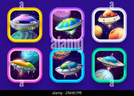 Cartoon-Symbole für Weltraumspiele mit UFO. GUI-Symbol der Telefonanwendung, Vektor-UI der Konsole oder Schaltflächen der Handy-App-Benutzeroberfläche mit fremden Planeten A. Stock Vektor