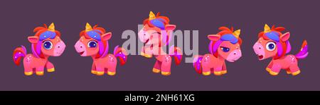 Ein Set süßer Regenbogen-Einhörner, isoliert auf dem Hintergrund. Vektor-Cartoon-Illustration einer netten Ponyfigur mit Horn glücklich, lächelnd, hüpfend, spielend, traurig, Überrascht oder verängstigt. Süßes Märchentier Stock Vektor