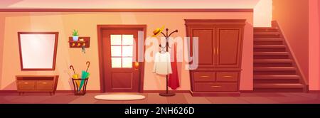 Cartoon-Haus mit Innenausstattung für den Flur. Vektordarstellung eines Raumes mit Holzeingangstür, Spiegel an der Wand, Kleiderschrank, Kleiderbügel, Schirmständer, Teppich auf Boden und Treppe. Leeres Haus Stock Vektor