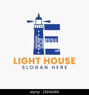 Lichthaus-Logo mit Buchstabe E – Vektorkonzept. Light House-Logo Stock Vektor