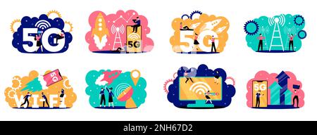 5G-Internet-Set mit acht isolierten Kompositionen mit Text für menschliche Zeichen und Piktogrammen für schnelle mobile Verbindungen Vektordarstellung Stock Vektor