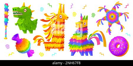 Set von Cartoon-Tierpinatas und Fledermaus isoliert auf weißem Hintergrund. Vektordarstellung bunter Papierzubehör in Form von Dinosaurier, Pferd, Einhorn, Stern, Donut für traditionelle mexikanische Party Stock Vektor