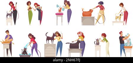 Symbole für die Pflege mit Katzen und Hunden flache, isolierte Vektordarstellung Stock Vektor