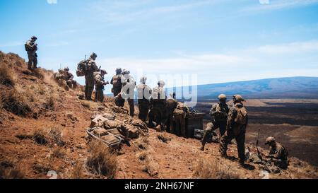 POHAKULOA TRAINING AREA, Hawaii (19. Juli 2022) USA Marines, Luftwaffe und königlich australische Soldaten führen gemeinsame und internationale Angriffskontrollflugeinsätze und Feuerwehreinsätze im Rahmen der Rim of the Pacific (RIMPAC) 2022 am Pōhakuloa Training Area, Hawaii, am 19. Juli 2022 durch. Von Juni 29 bis August 4 nehmen an der RIMPAC 25.000 Nationen, 38 Schiffe, drei U-Boote, mehr als 170 Flugzeuge und Mitarbeiter auf und um die hawaiianischen Inseln und Südkalifornien Teil. RIMPAC ist die weltweit größte internationale Seefahrt-Übung und bietet eine einzigartige Ausbildungsmöglichkeit bei gleichzeitiger Förderung von und Stockfoto