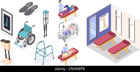 Orthopädie-Krankenhaus-Set mit Ausrüstung und Verletzungsbehandlungssymbolen isometrische isolierte Vektordarstellung Stock Vektor