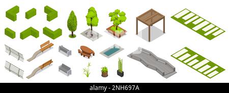 Isometrisches Landschaftsdesign mit isolierten Pflanzen- und Gartenmöbeln mit Brücke- und Gebäudevektorgrafik Stock Vektor