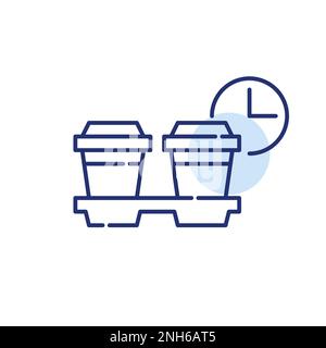 Kaffeepapierbecher in einem Mitnahmehalter. Teambesprechung für Kaffeepause. Pixelgenaue, bearbeitbare Kontur Stock Vektor