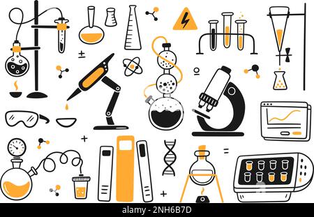 Wissenschaftlich-biologisches chemisches Versuchslabor. Chemische Laborausrüstung. Handgezogene chemische Prozesse. Doodle-Vektordarstellung mit Laborkolben Stock Vektor