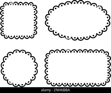 Doodle Circle und quadratische Muschelrahmen. Handgezeichnete Rechteck- und Ellipsenformen mit ausgekrümmten Kanten. Einfaches Etikettenformular. Rahmen aus Blumenspitze Stock Vektor