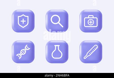3D Symbole für medizinische Geräte auf realistischen violetten Knöpfen. Elemente für das Gesundheitswesen für mobile Konzepte und Web-Apps. Modernes Infografik-Logo und Piktogramm Stock Vektor