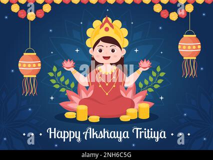 Akshaya Tritiya Festival Illustration mit einer goldenen Kalash-, Töpfe- und Goldmünze für die Dhanteras Celebration in Hand gezeichnet für Landing-Page-Vorlagen Stock Vektor