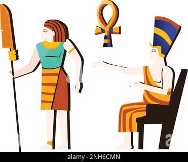 Alte ägyptische Wandzeichnung oder Wandelement Cartoon-Vektor. Antikes monumentales Gemälde mit ägyptischen Kultursymbolen, pharao auf dem Thron und bewaffneter Mann, isoliert auf weißem Hintergrund Stock Vektor