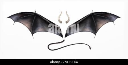 BAT-Dämon-Komposition mit isolierten Bildern von Flügelpaaren aus Hörnern und Schwanz auf leerer Vektordarstellung im Hintergrund Stock Vektor