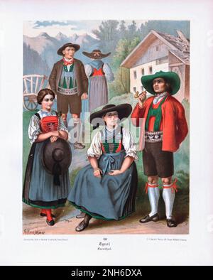 Deutsches Volkskleid. Tirol (historische Region in den Alpen - in Norditalien und Westösterreich), Sarnthal. Lithographie des 19. Jahrhunderts. Stockfoto