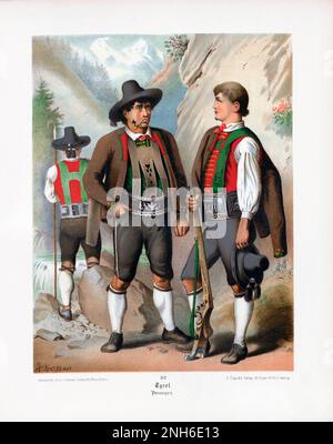 Deutsches Volkskleid. Tirol (historische Region in den Alpen - in Norditalien und Westösterreich), Passenger. Lithographie des 19. Jahrhunderts. Stockfoto