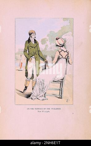 Vintage-Mode in Paris. Auf der Terrasse der Tuilerien. 1798. Die verschiedenen Phasen des weiblichen Geschmacks und der Ästhetik von 1797 bis 1897 Stockfoto