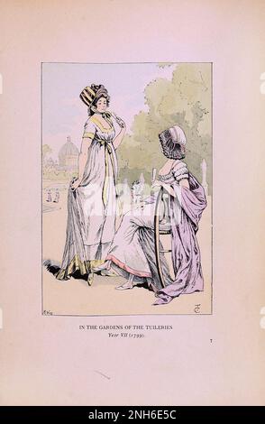 Vintage-Mode in Paris. In den Gärten der Tuilerien. 1799. Die verschiedenen Phasen des weiblichen Geschmacks und der Ästhetik von 1797 bis 1897 Stockfoto