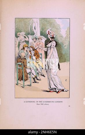 Vintage-Mode in Paris. Eine Versammlung im Jardin du Luxembourg. 1800. Die verschiedenen Phasen des weiblichen Geschmacks und der Ästhetik von 1797 bis 1897 Stockfoto