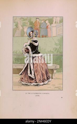 Vintage-Mode in Paris. Im Jardin du Luxembourg, 1838. Die verschiedenen Phasen des weiblichen Geschmacks und der Ästhetik von 1797 bis 1897 Stockfoto