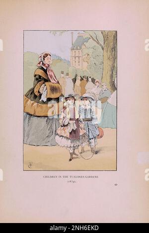 Vintage-Mode in Paris. Kinder in den Tuilerien, 1859. Die verschiedenen Phasen des weiblichen Geschmacks und der Ästhetik von 1797 bis 1897 Stockfoto