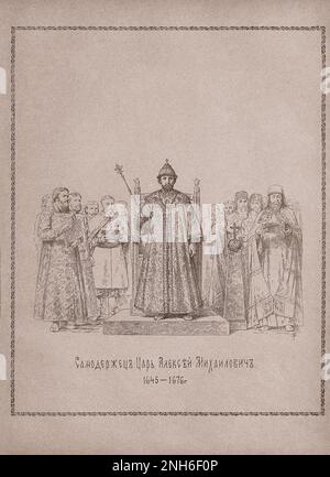 Gravur von Alexis aus Russland. 1913 Aleksej Michailowitsch (1629-1676) war von 1645 bis zu seinem Tod im Jahr 1676 der Zar Russlands.[1] während er im Außenbereich Erfolg fand, sah seine Herrschaft mehrere Kriege mit dem Iran, Polen und Schweden, Ebenso wie interne Instabilitäten wie der Salzrezept in Moskau und der Kosakenaufstand von Stenka Razin in Südrussland. Stockfoto