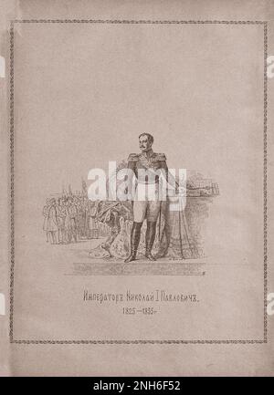 Gravur von Nicholas I. aus Russland. 1913 Nicholas I (1796-1855) war Kaiser von Russland, König des Kongresses Polen und Großherzog von Finnland. Er war der dritte Sohn von Paul I. und der jüngere Bruder seines Vorgängers Alexander I. Nicholas hat den Thron seines Bruders geerbt, trotz des gescheiterten deembristischen Aufstandes gegen ihn. In der Geschichte wird er vor allem als Reaktionär in Erinnerung gerufen, dessen kontroverse Herrschaft gekennzeichnet war durch geografische Expansion, Wirtschaftswachstum und massive Industrialisierung einerseits und Zentralisierung der Verwaltungspolitiken und die Unterdrückung von Meinungsverschiedenheiten andererseits. Nicholas war glücklich Stockfoto