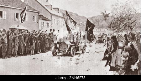 Erster Balkankrieg. Zu Ehren der Gewinner. Der Eintritt von Kronprinz Danilo nach Cetinje, nach der Kapitulation von Scutari, mit den Siegestrophäen - türkische Banner und Schlüssel zu Scutari. 1913 Stockfoto