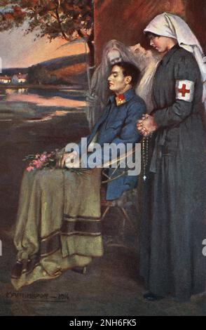 Erster Weltkrieg Soldat, Krankenschwester und Sensenmann. 1914 Eine farbige Postkarte, auf der ein Soldat draußen auf einem Stuhl sitzt und eine Krankenschwester hinter ihm steht. Er trägt eine blaue Uniform und seine Augen sind geschlossen. Auf seinem Schoß liegen Blumen. Eine Krankenschwester, die hinter ihm steht, hält einen Rosenkranz in dunkler Kleidung mit einem weißen Kopfbezug und einem weißen Armband mit einem roten Kreuz. Über der rechten Schulter des Soldaten ist der Sensenmann zu sehen, der als Skelettfigur in einem Leichentuch mit einer Sense dargestellt wird. Stockfoto