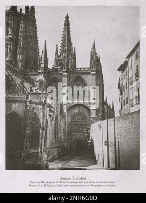 Architektur des alten Spaniens. Oldtimer-Foto der Kathedrale von Burgos. Pellejería-Tor, das 1516 von Francisco de Colonía im Renaissance-Stil erbaut wurde Stockfoto