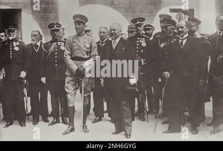 König Alfonse von Spanien (Alfonso XIII) und Raymond Poincare, der Premierminister von Frankreich. Madrid, Spanien. Oktober 1913 Stockfoto