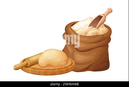 Frischer Rohteig zum Backen. Hausgemachtes, leckeres Brot. Karikatur aus hölzernen Küchen-Rollnadeln. Vektordarstellung für Menü, Café, Restaurant Stock Vektor