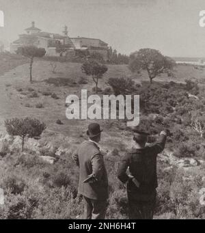 Architektur des alten Spaniens. Kloster La Rabida (La Rábida Friary), wo Kolumbus unterstützt wurde, und Fluss, den er hinuntersegelte, Spanien. 1907 Stockfoto