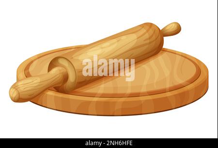 Frischer Rohteig zum Backen. Hausgemachtes, leckeres Brot. Karikatur aus hölzernen Küchen-Rollnadeln. Vektordarstellung für Menü, Café, Restaurant Stock Vektor