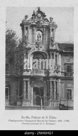 Architektur des alten Spaniens. Vintage-Foto des Palastes von San Telmo ( Palacio de San Telmo). Hauptfassade. Hauptportal von Sevilla Churrigueresque (Bauzeit des Schlosses: 1682 - 1796) Stockfoto