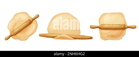 Holzwalzstift mit frischem Rohteig zum Backen. Cartoon hausgemachtes leckeres Brot. Mehl in Schüssel oder Beutel, Bio-Produkt. Vektordarstellung isoliert Stock Vektor