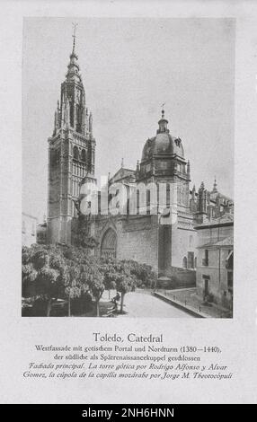 Architektur des alten Spaniens. Oldtimer-Foto der Kathedrale von Toledo. Die Primatiale Kathedrale der Heiligen Maria von Toledo (Spanisch: Kathedrale Primada Santa María de Toledo), auch bekannt als Toledo Kathedrale, ist eine römisch-katholische Kirche in Toledo, Spanien. Es ist der Sitz der großstädtischen Erzdiözese von Toledo. Stockfoto