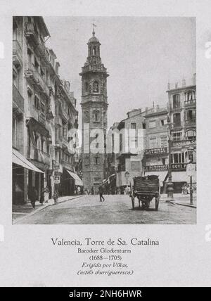 Architektur des alten Spaniens. Vintage-Foto von Santa Catalina (Torre de Sa. Catalina), Barockglockenturm. Valencia. Santa Catalina ist eine römisch-katholische Kirche im gotischen Stil in der Stadt Valencia, Spanien, am südlichen Ende der Plaza de la Reina. Stockfoto